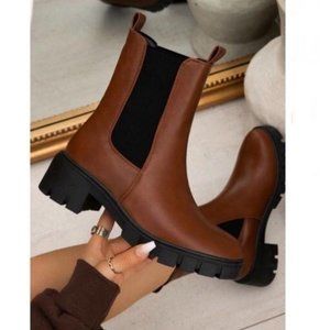 Pull On Lug Sole Chelsea Boots in Rust Brown